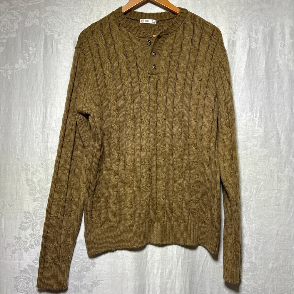 H2H Sweater Large Brown Cable Knit Henley